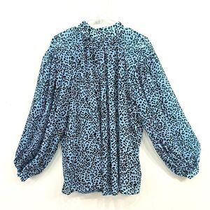 ASOS Blue Black Cheetah Print Semi Sheer Oversized Puff Sleeve Flowy Poet Blouse